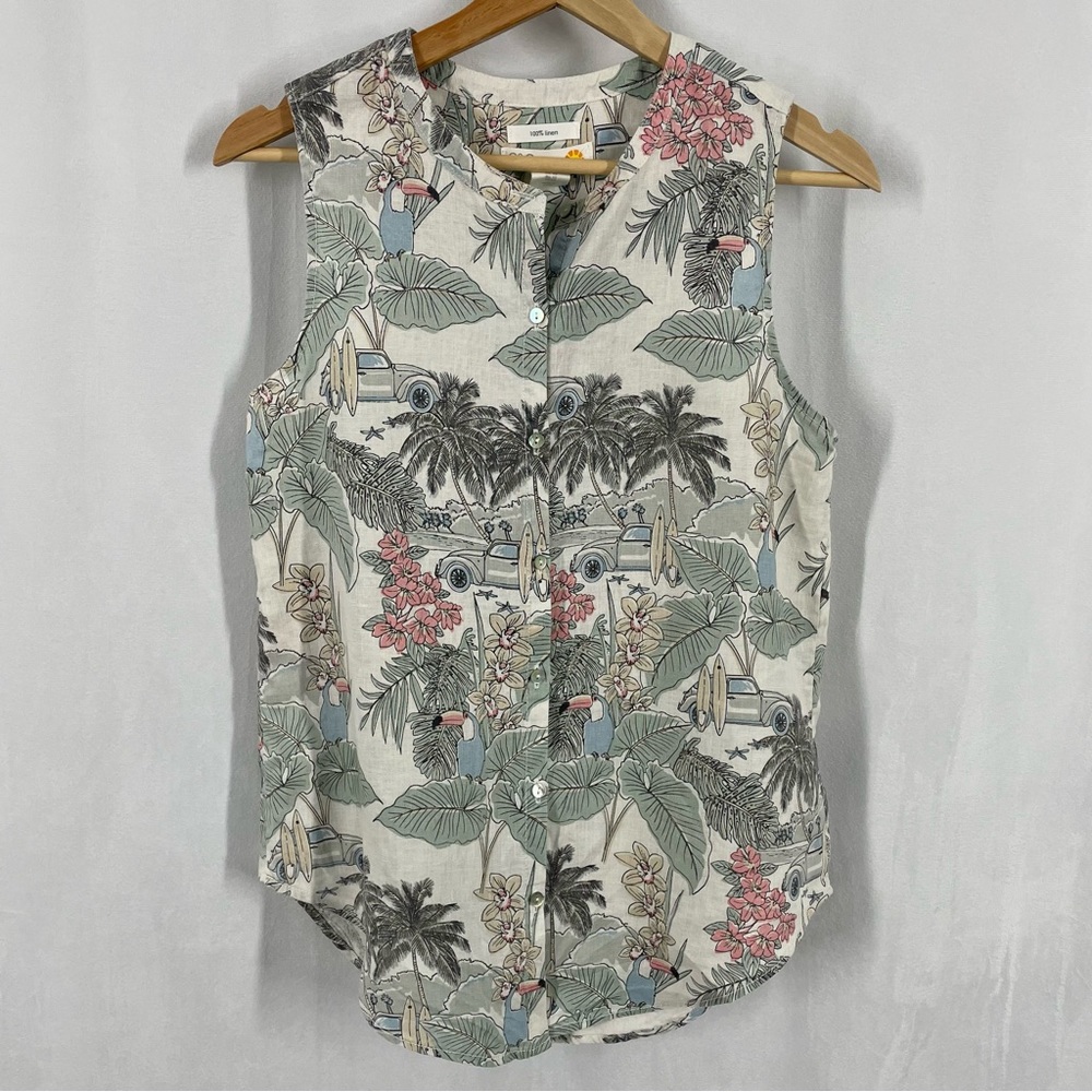 C&C California Sleeveless Linen Button Down Tropical Floral Top Green XS